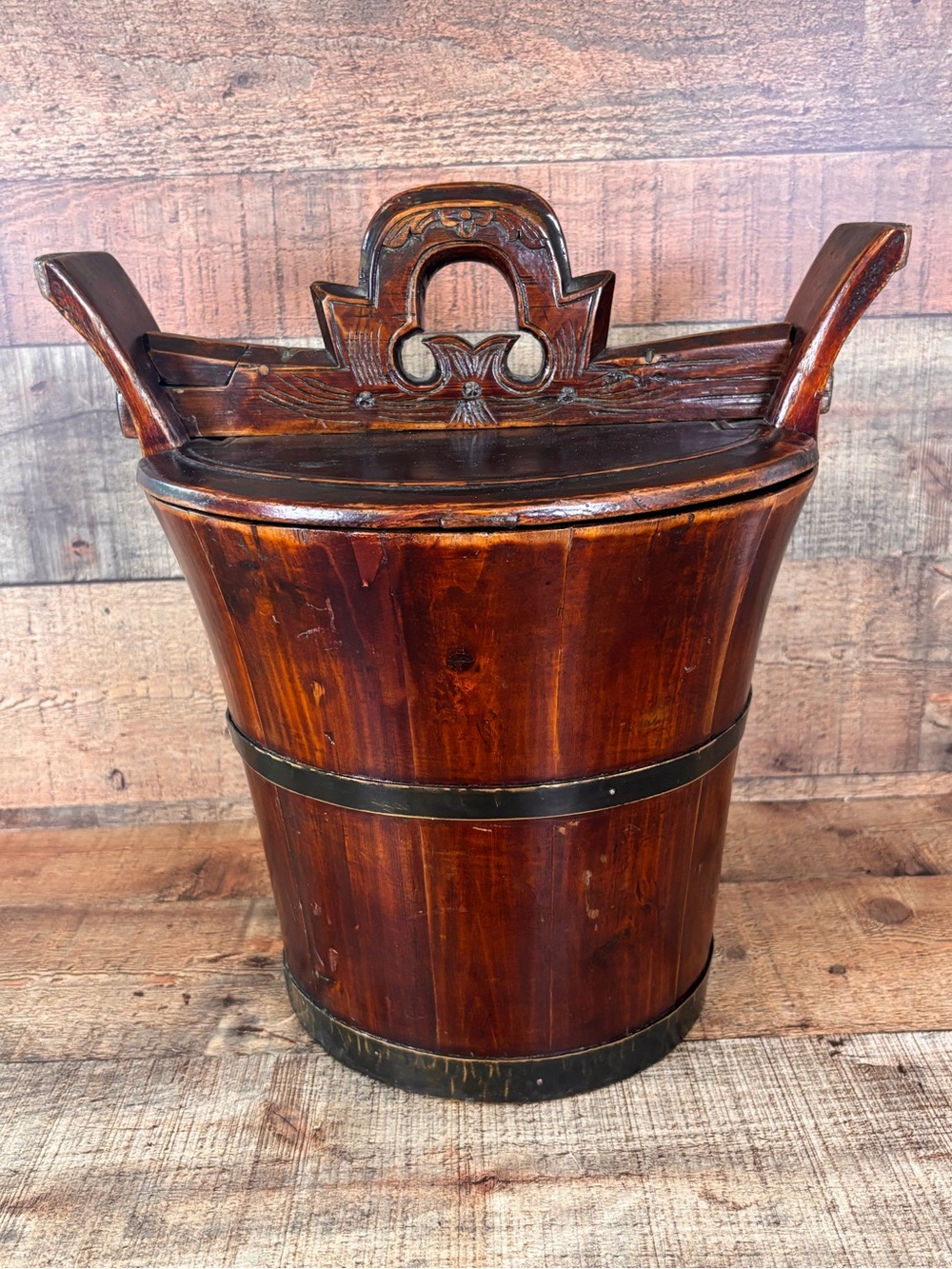 Vintage Chinese Lacquered Rice Bucket With Locking Lid & Handle Home Decor - Picture 3 of 14